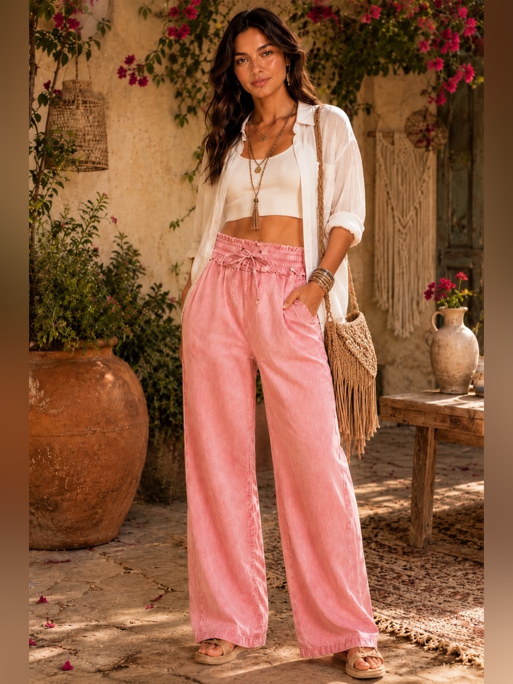 Zenana Washed Tencel Pink Pants with Drawstring